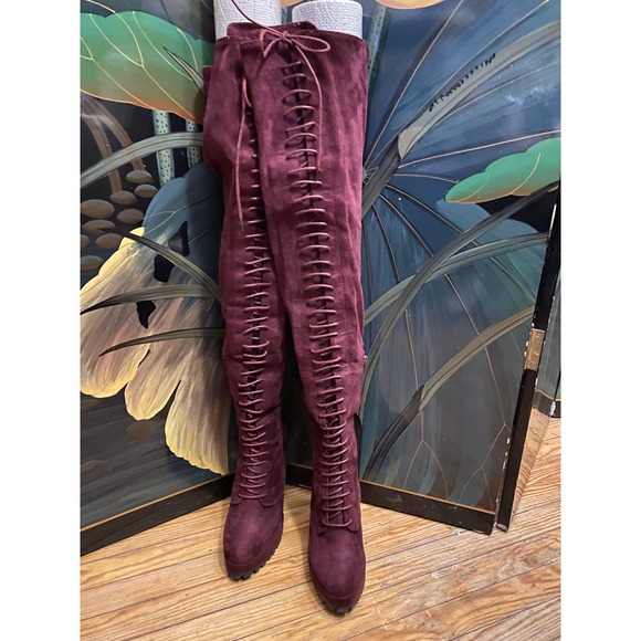 Remy Women thigh high lace up front suede boots Size 8.5 Purple - Picture 6 of 16